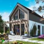 Minimalistyczy dom modulowy, janse kolory wykonnczen, duze przeszklenia, kobieta w niebieskiej sukience stoi na tarasie