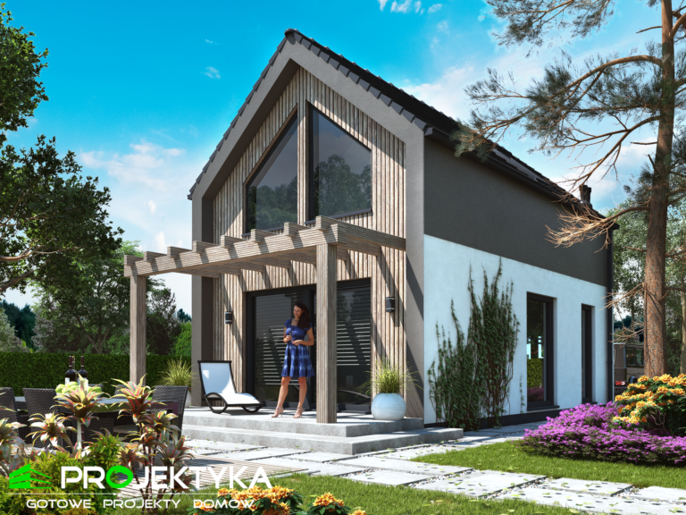 Minimalistyczy dom modulowy, janse kolory wykonnczen, duze przeszklenia, kobieta w niebieskiej sukience stoi na tarasie