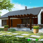 maly funkcjonalny dom modulowy, czarny dach, drewniane wykonczenie, w otoczeniu natury