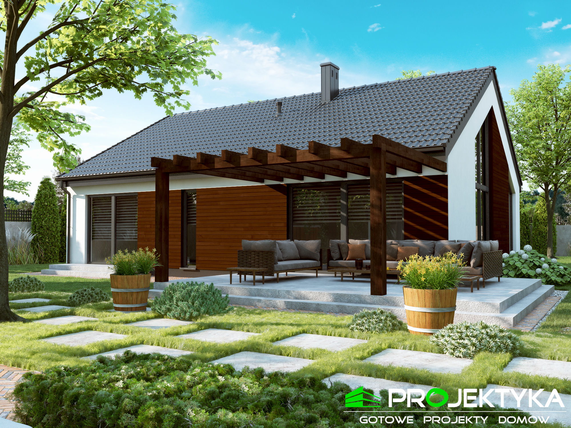 maly funkcjonalny dom modulowy, czarny dach, drewniane wykonczenie, w otoczeniu natury