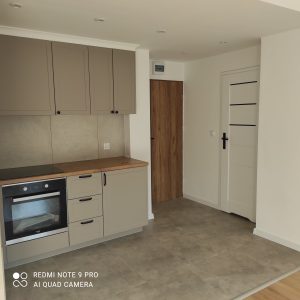 Współczesna przestronna kuchnia, w odcieniach szarosci i drewna